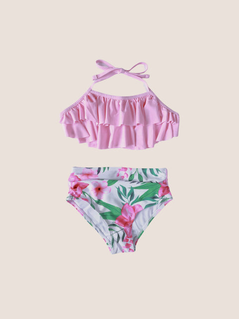 Tropical Forest Two-piece Ruffle Bikini Set in Green and Pink