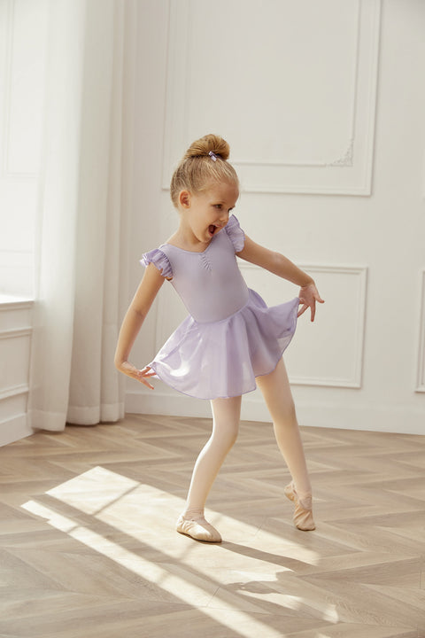 purple ballet leotard without sleeve with gathers in the front